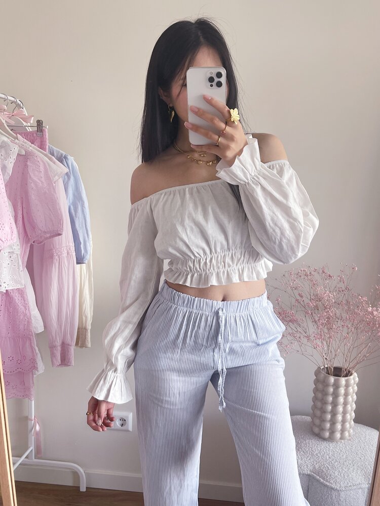 Melody Linen Ruffle Top / White