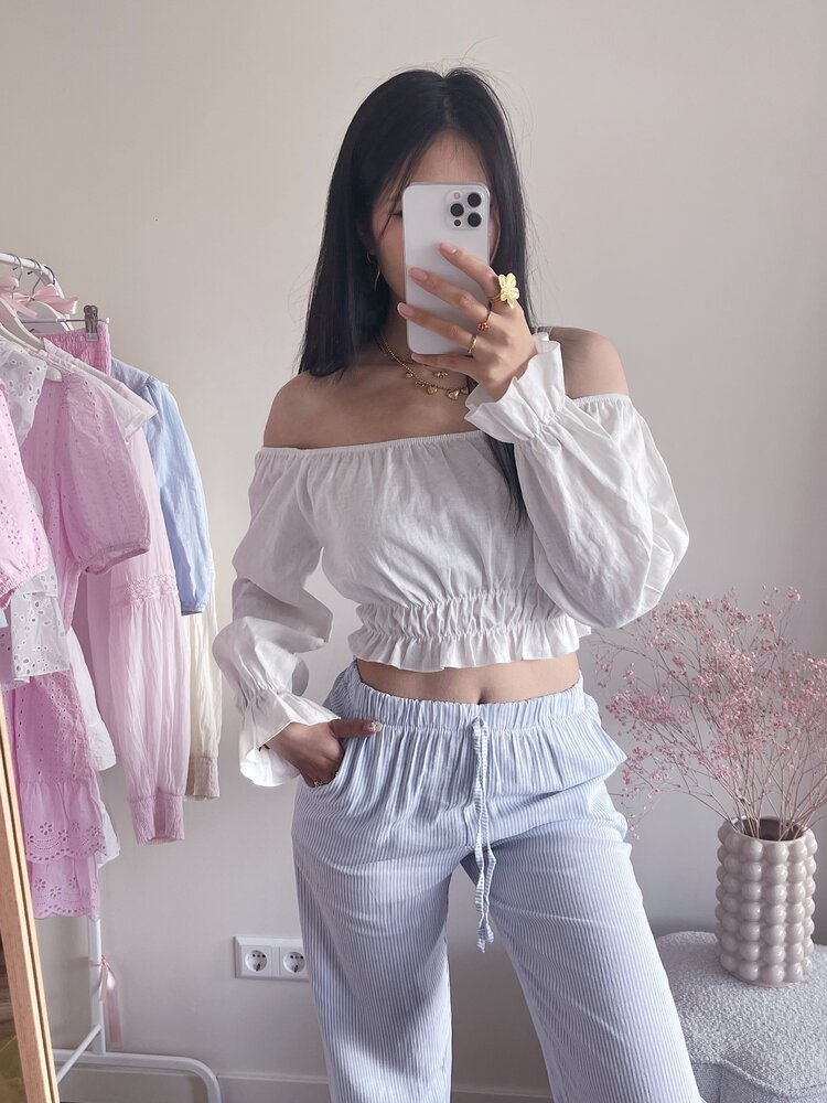 Melody Linen Ruffle Top / White