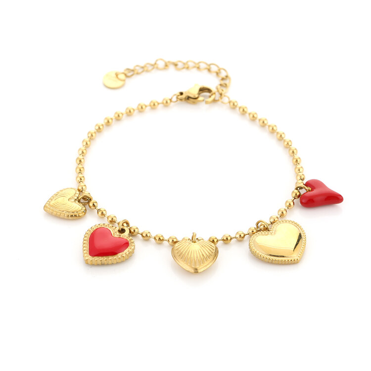 Gold Red Heart Charms Bracelet