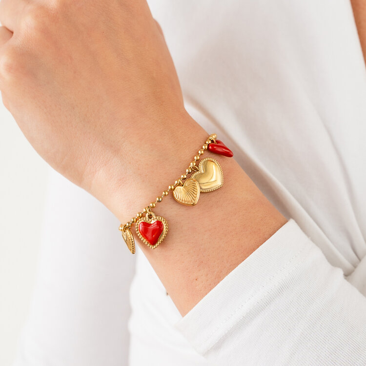 Gold Red Heart Charms Bracelet
