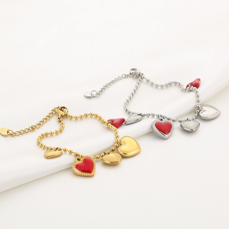 Gold Red Heart Charms Bracelet