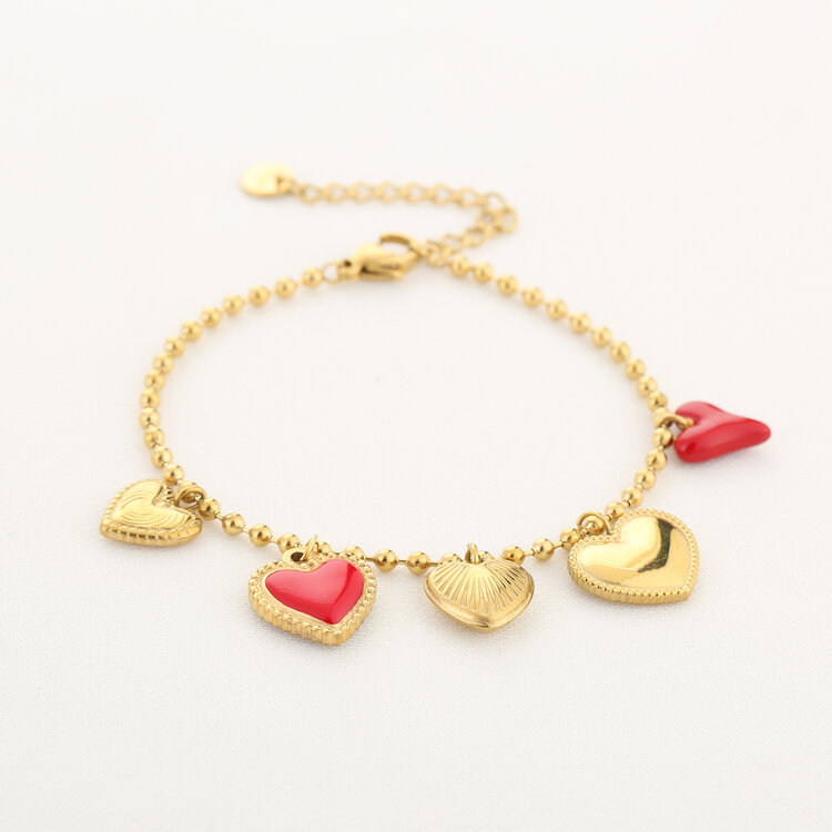 Gold Red Heart Charms Bracelet