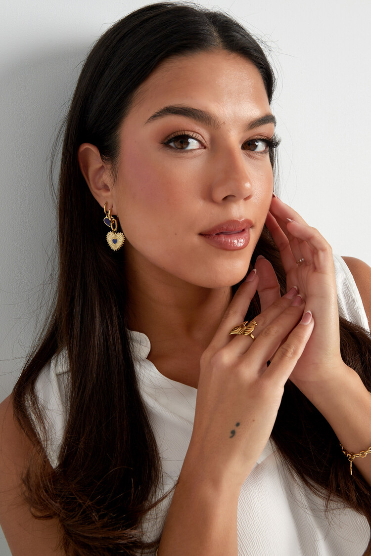 Gold Pattern Heart Earrings / Navy Blue