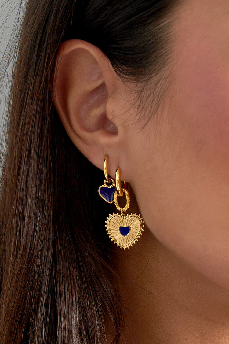 Gold Pattern Heart Earrings / Navy Blue