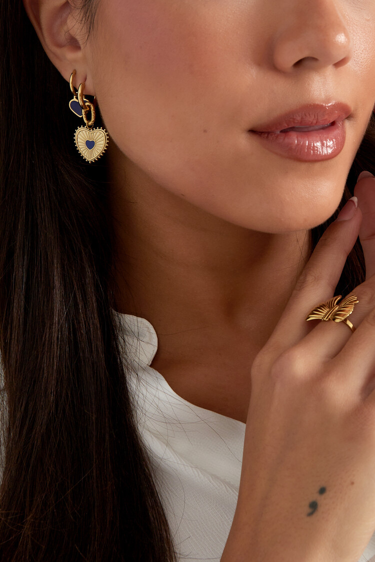 Gold Pattern Heart Earrings / Navy Blue