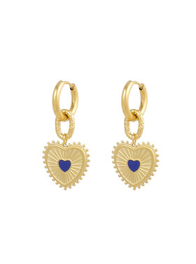 Gold Pattern Heart Earrings / Navy Blue