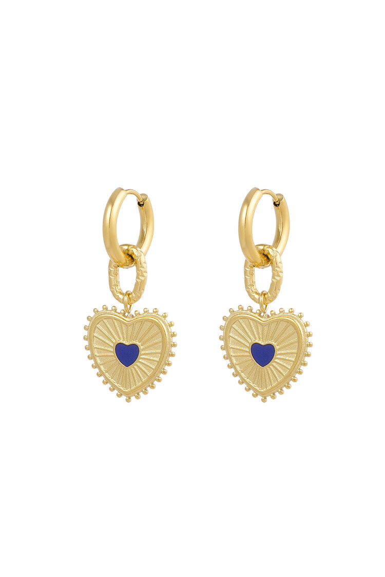 Gold Pattern Heart Earrings / Navy Blue