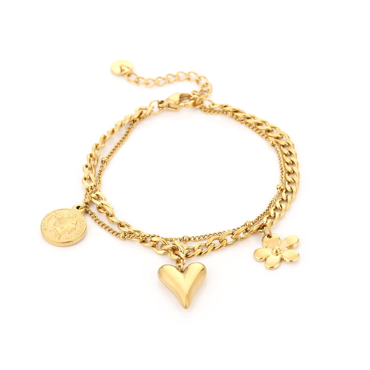 Gold Heart Coin Charms Bracelet