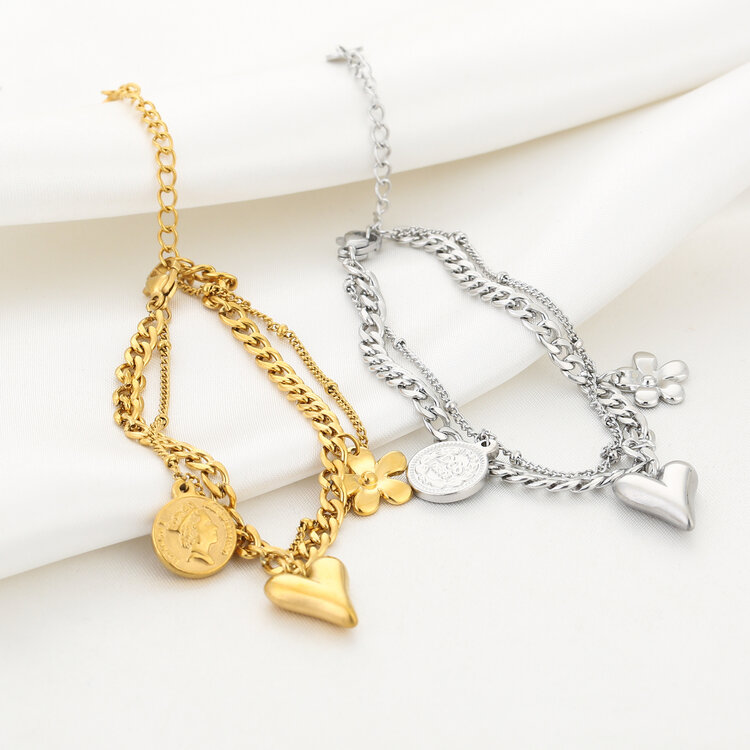 Gold Heart Coin Charms Bracelet