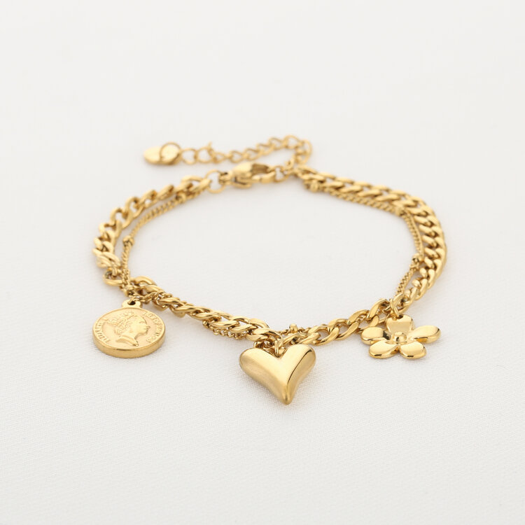 Gold Heart Coin Charms Bracelet