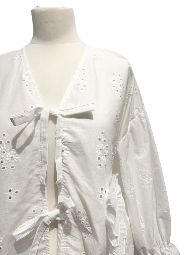 Clarisse Embroidered Bow Blouse / White