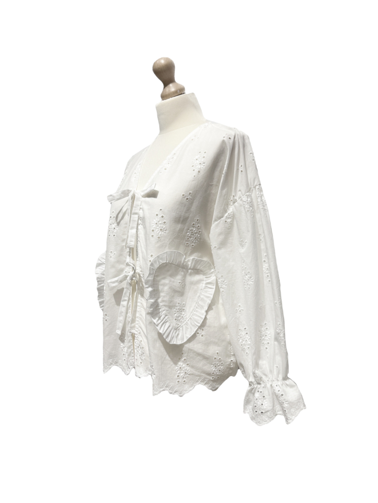 Clarisse Embroidered Bow Blouse / White