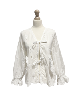 Clarisse Embroidered Bow Blouse / White