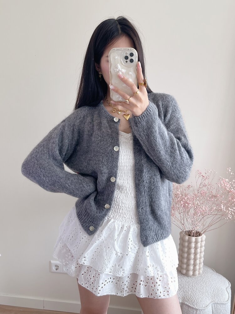 Lydia Fluffy Knit Cardigan / Grey
