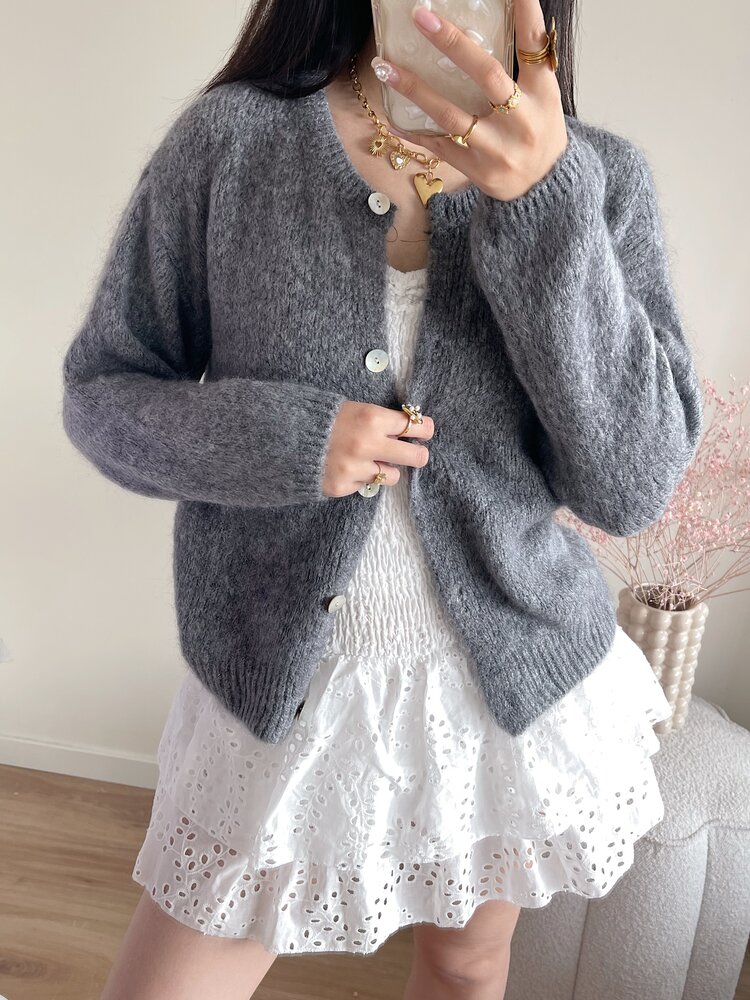 Lydia Fluffy Knit Cardigan / Grey