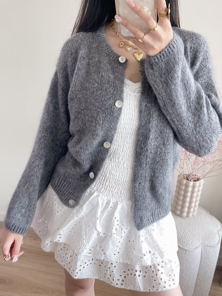 Lydia Fluffy Knit Cardigan / Grey