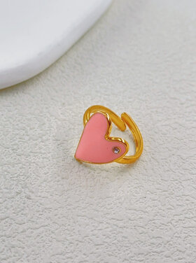 Gold Emaille Heart Diamond Ring  / Pink