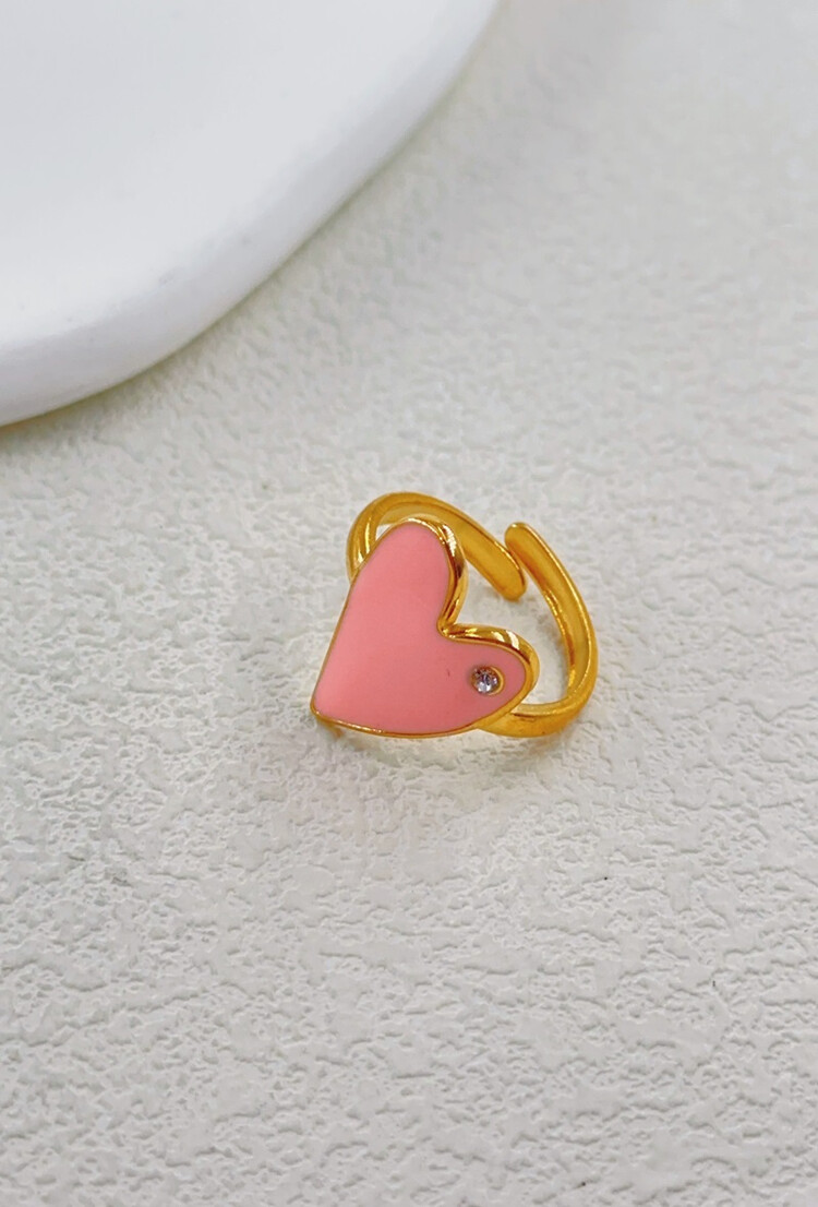 Gold Emaille Heart Diamond Ring  / Pink
