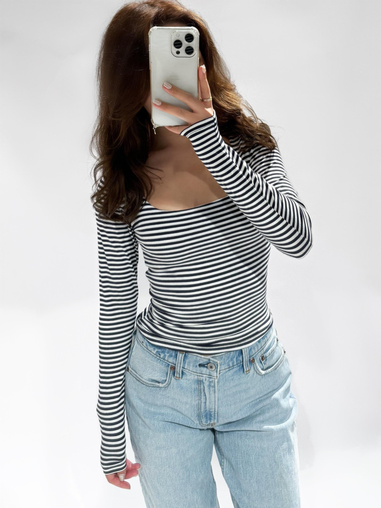 Rikka Striped Long Sleeve Top / Navy Blue