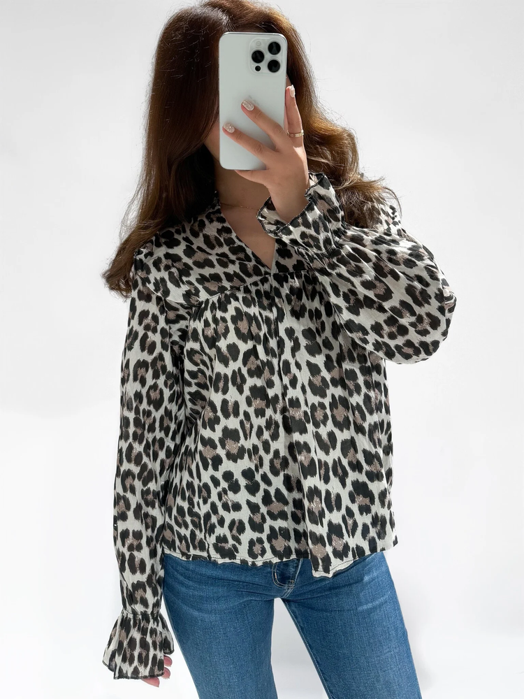 Lenae Ruffle Blouse / Leopard Brown