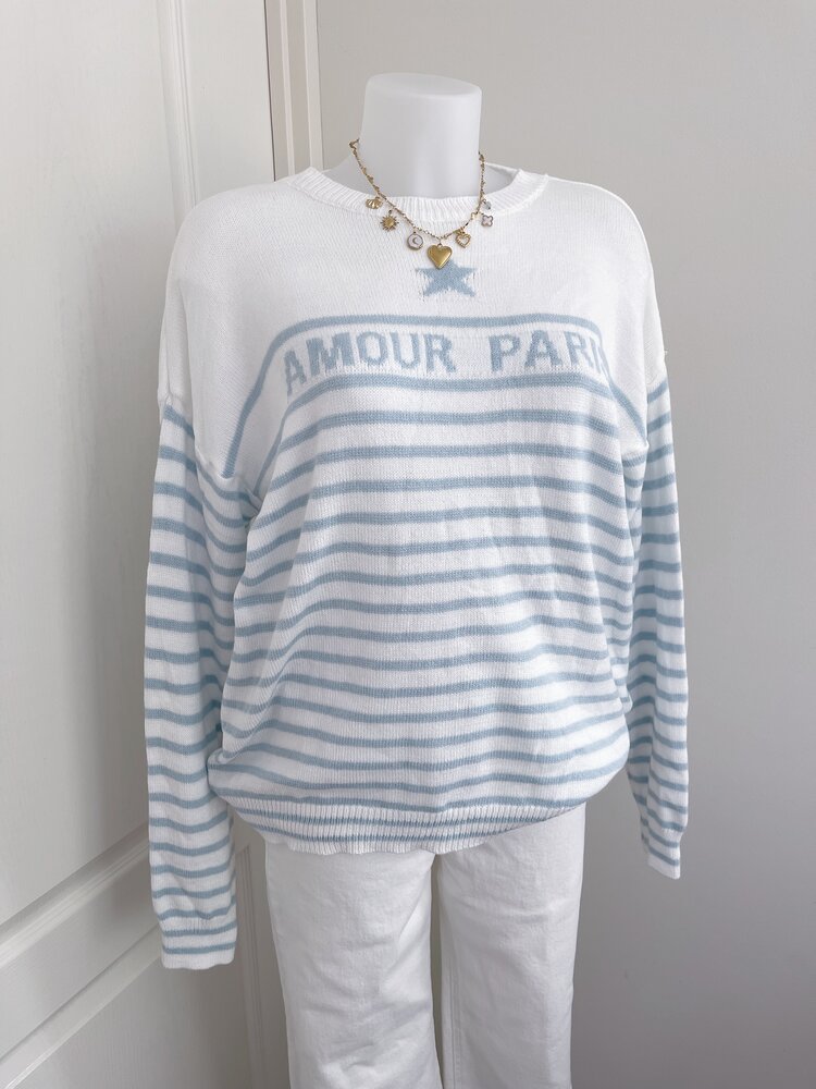 Amour Paris Striped Knit Sweater / White & Sky Blue