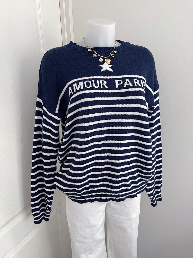 Amour Paris Striped Knit Sweater / Navy Blue