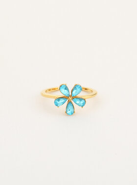 Gold Flower Crystal Ring / Blue