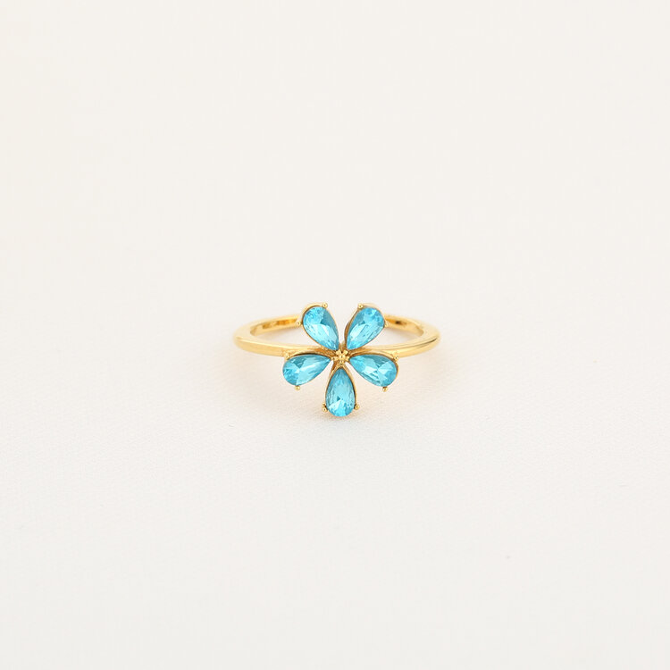 Gold Flower Crystal Ring / Blue