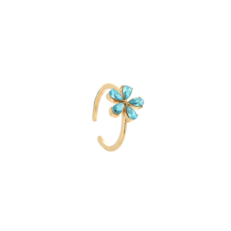Gold Flower Crystal Ring / Blue