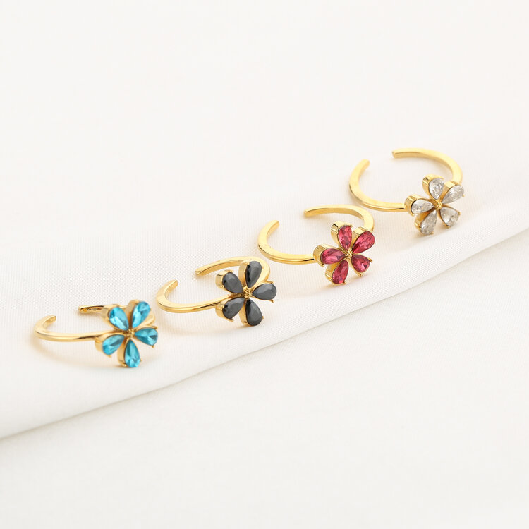 Gold Flower Crystal Ring / Blue
