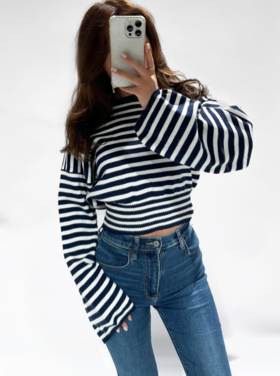 Lana Striped Crop Sweater / Navy