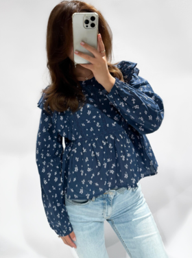 Salina Flower Embroidered Blouse / Navy Blue