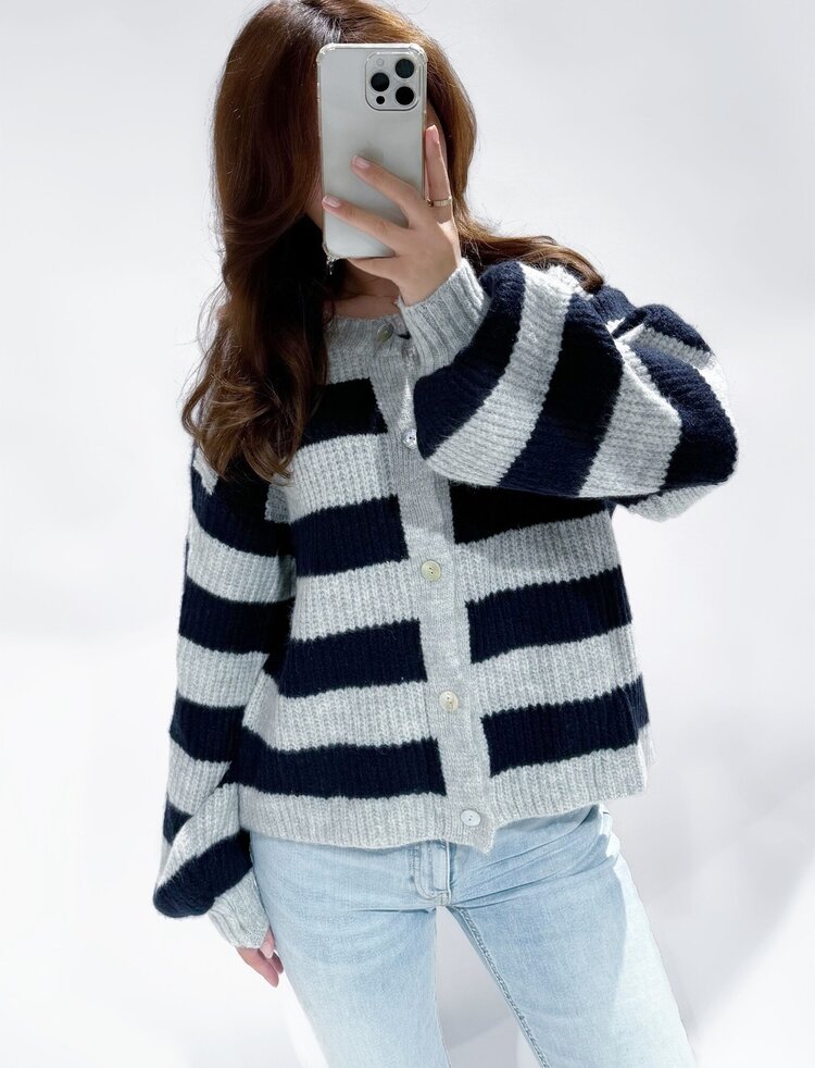 Mathilde Button Knit Cardigan / Grey & Navy