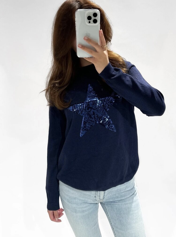 Sequin Star Knit Sweater / Navy Blue