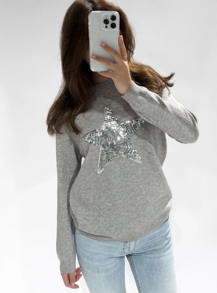 Sequin Star Knit Sweater / Grey