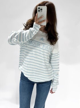 Amour Paris Striped Knit Sweater / White & Sky Blue