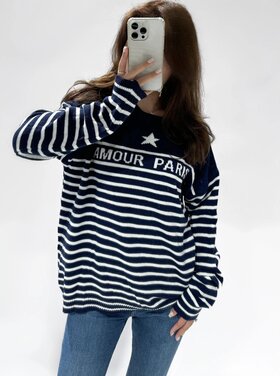 Amour Paris Striped Knit Sweater / Navy Blue