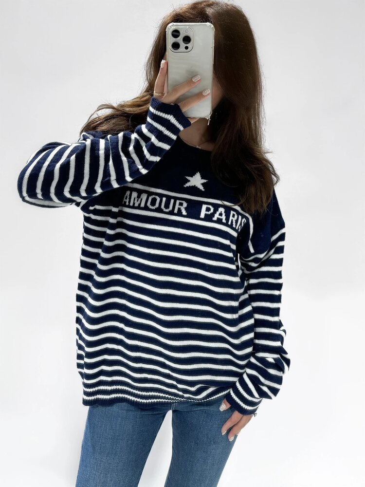Amour Paris Striped Knit Sweater / Navy Blue