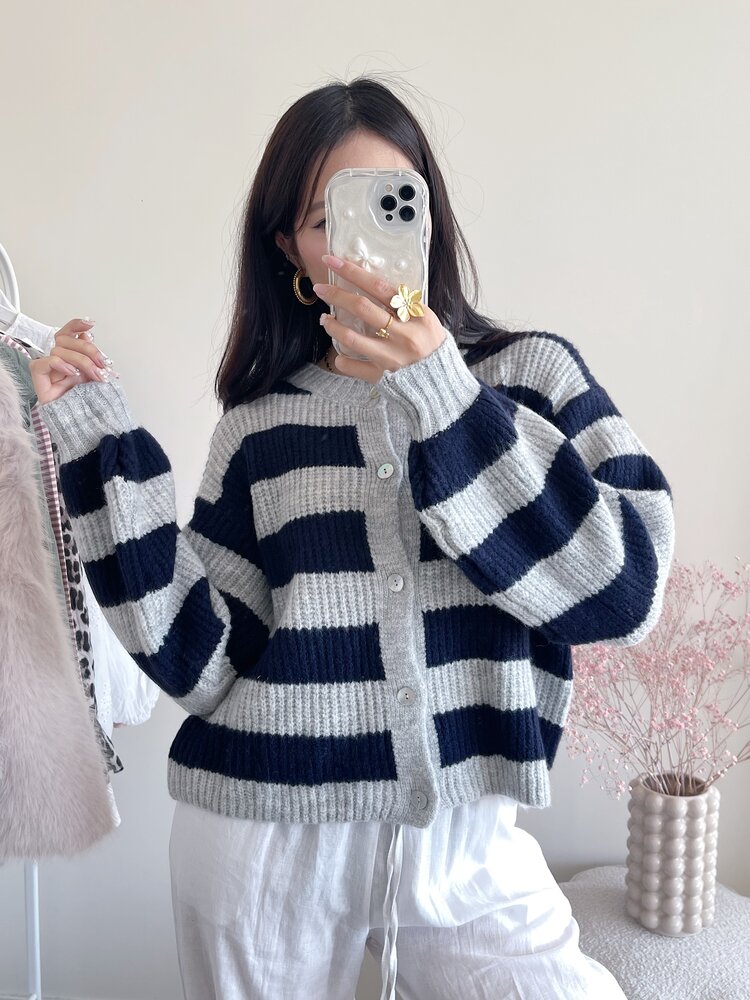 Mathilde Button Knit Cardigan / Grey & Navy