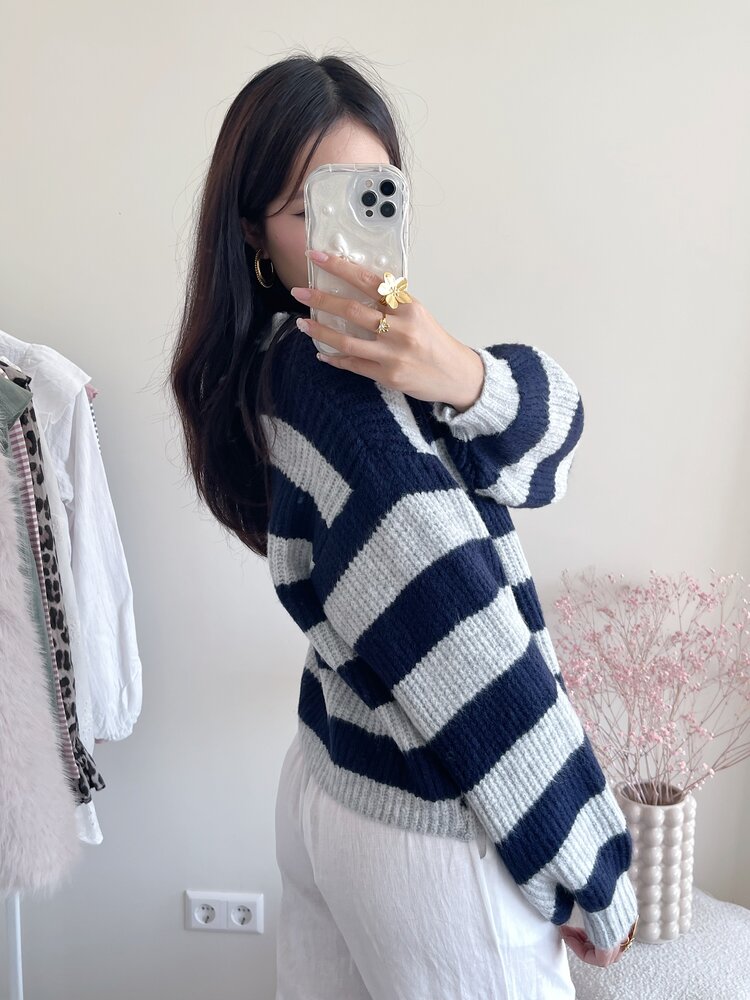 Mathilde Button Knit Cardigan / Grey & Navy