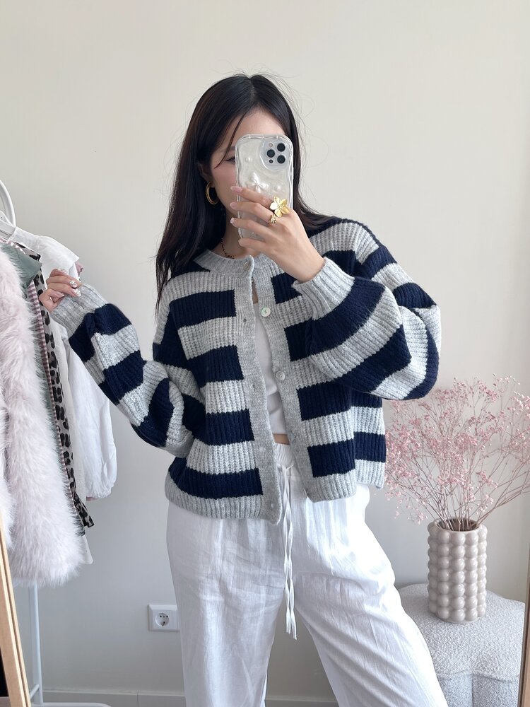 Mathilde Button Knit Cardigan / Grey & Navy