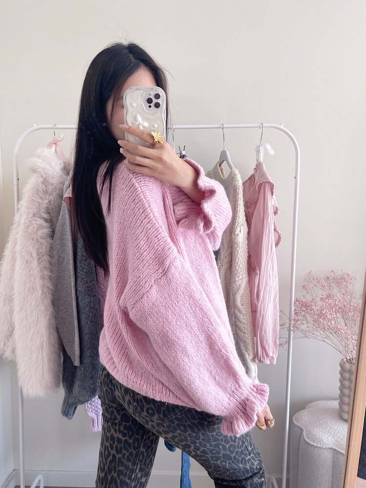 Celia Ruffle Knit Cardigan / Light Pink