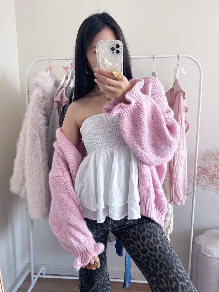 Celia Ruffle Knit Cardigan / Light Pink