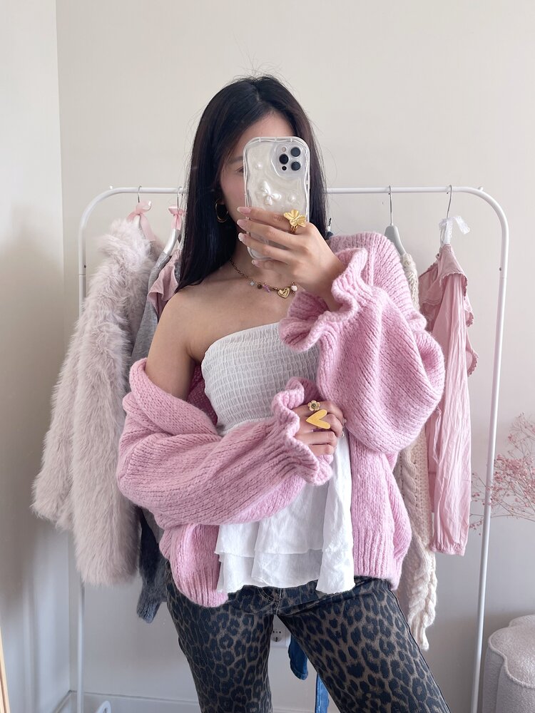 Celia Ruffle Knit Cardigan / Light Pink