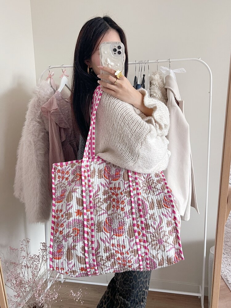 Macie Flower Shopper Bag / White & Pink