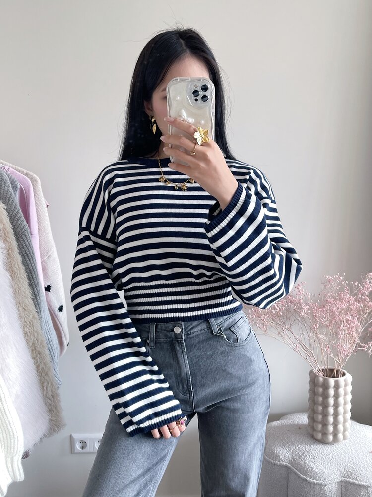 Lana Striped Crop Sweater / Navy