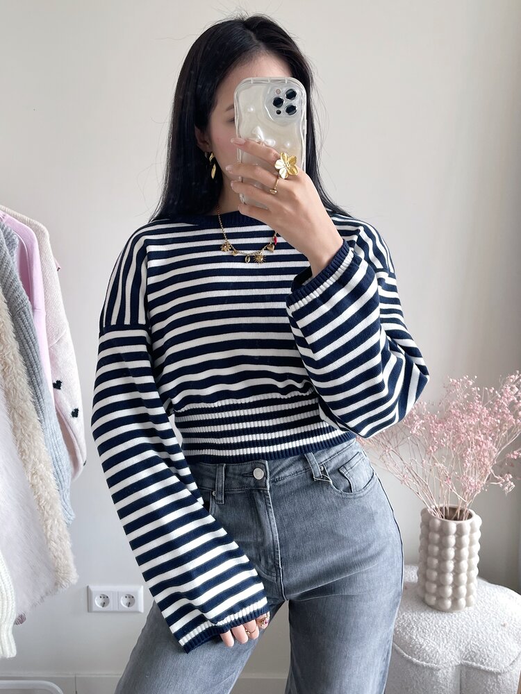 Lana Striped Crop Sweater / Navy