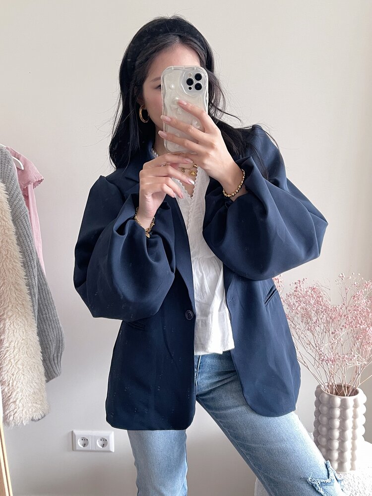 Mara Long Balloon Sleeve Blazer / Navy Blue