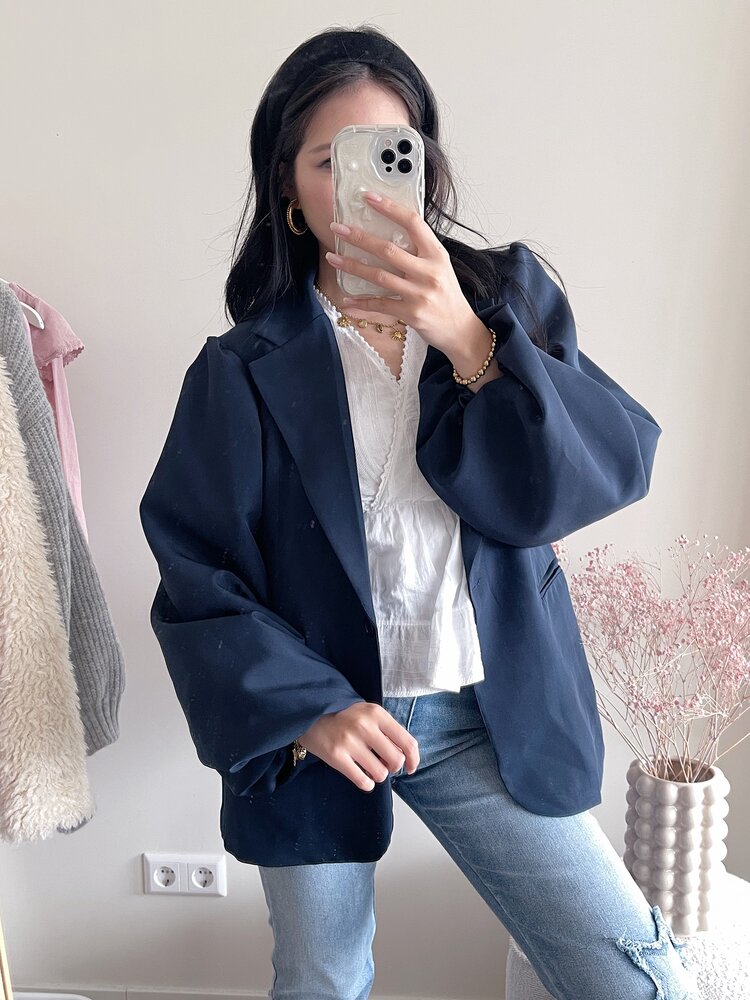 Mara Long Balloon Sleeve Blazer / Navy Blue
