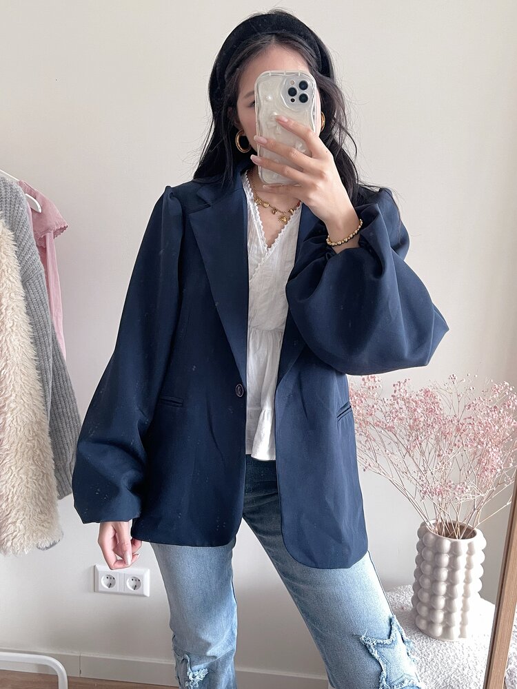 Mara Long Balloon Sleeve Blazer / Navy Blue